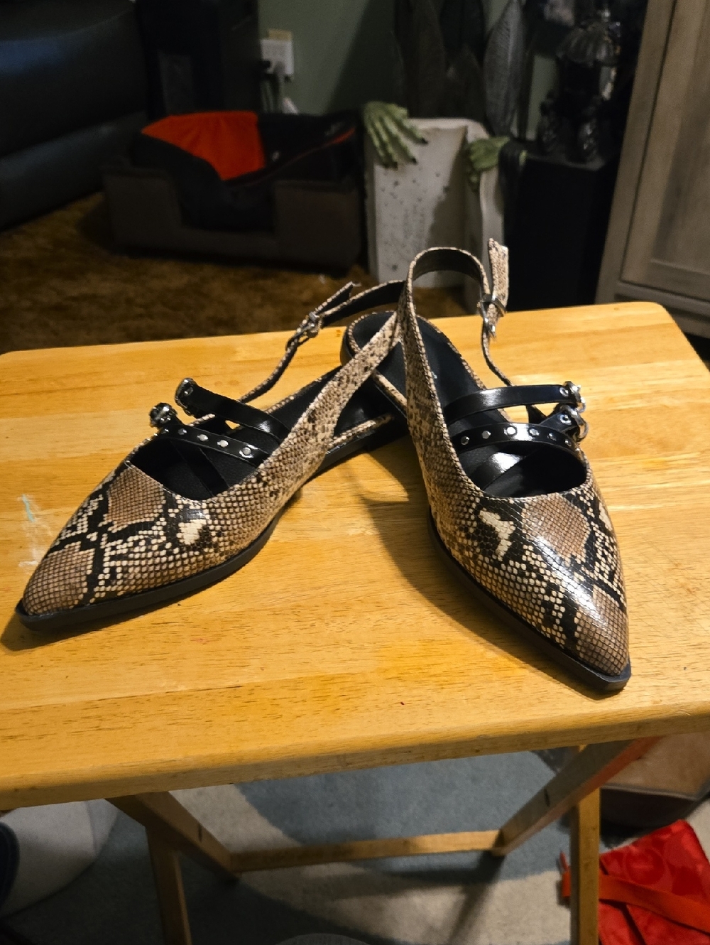 No Boundaries Snake-Print Pointed Slingback Flats with Studded Black Straps
